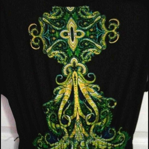 New Directions Boho Black & Green Medallion Print Flowy Jersey Mini Dress - Picture 2 of 7